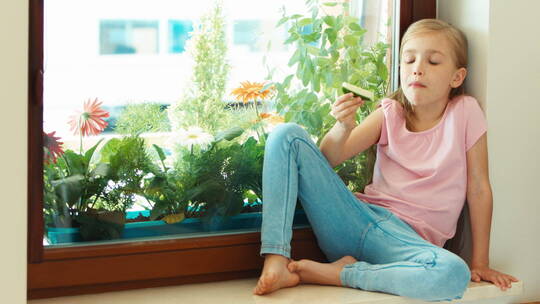坐在窗台上吃黄瓜的女孩视频素材模板下载