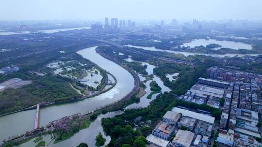 广州海珠国家湿地公园与城市河流航拍风光