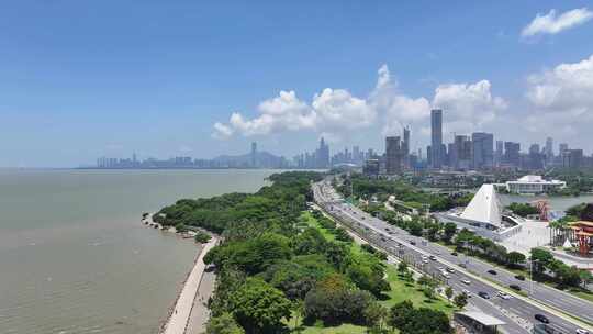 4K深圳湾公园蓝天白云航拍视频素材模板下载