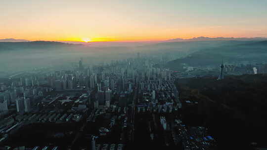 西部城市晨曦航拍