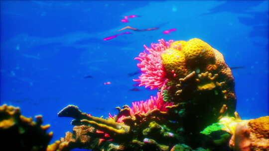 珊瑚礁周围有很多鱼在游来游去