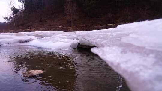 初春 冰雪融化 解冻 冰层 流水 融冰 河流