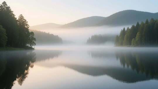 晨雾森林湖泊溪流自然风光