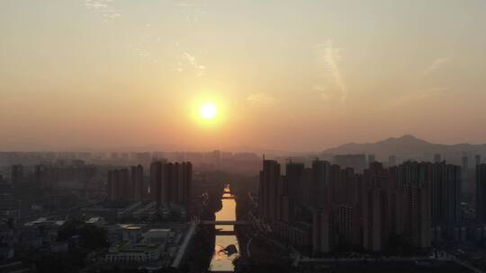 航拍 城市 夕阳 晚霞 落日 余晖视频素材模板下载