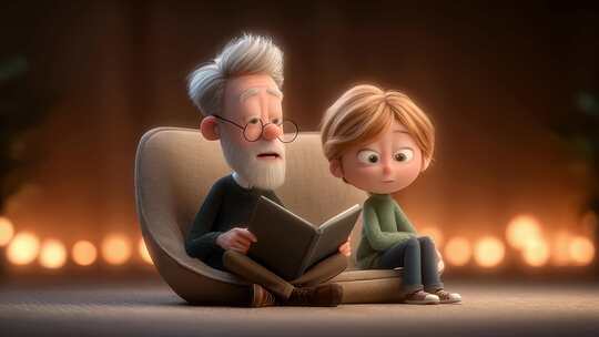 爷爷给孙子讲故事温馨动画场景