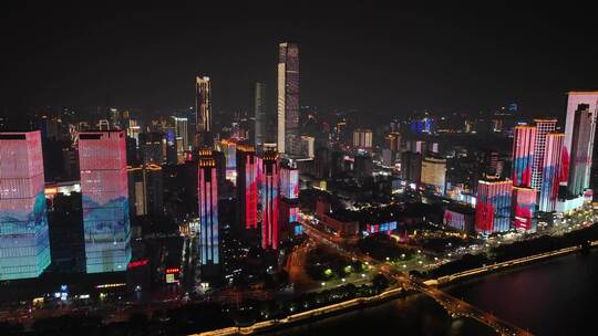 长沙城市夜景航拍湘江风光万达广场灯光秀