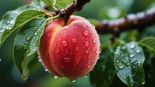 树枝上带水珠的新鲜桃子