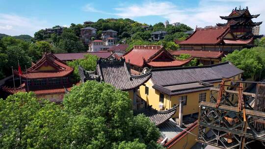 4K航拍杭州萧山区复兴寺建筑视频