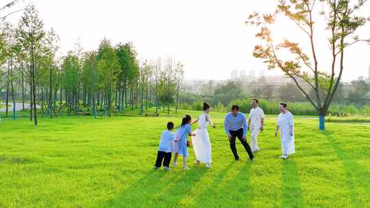 幸福美好生活一家人玩耍夕阳下草坪