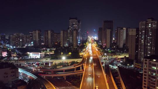 夜晚城市高架桥立交桥交通车流航拍