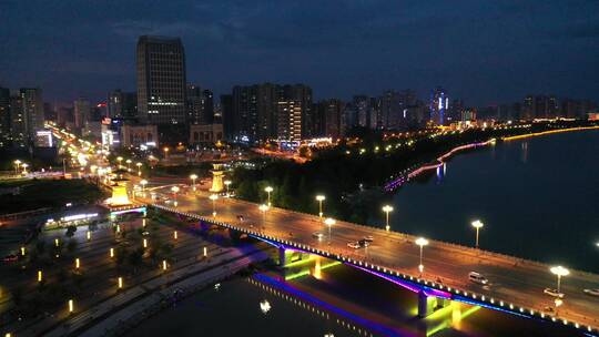 陕西汉中市汉江城市天际线夜景风光