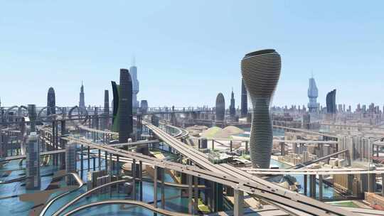 科技虚拟智慧未来城市穿梭片头CG三维漫游