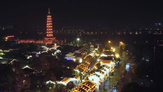 航拍金华夜晚著名景点婺州古城景区老街夜景