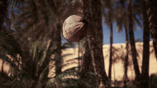 挂在建筑物前树上的椰子