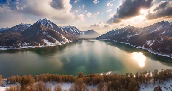 雪山湖泊自然风光全景