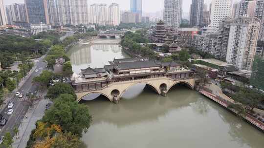 航拍城市建筑古桥