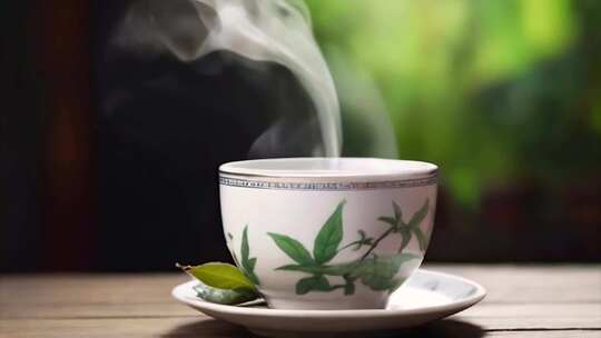 一杯冒着热气的绿茶