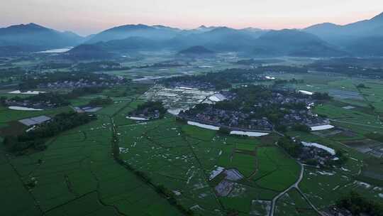 中国侨乡广东台山乡村稻田山脉山峰日出航拍