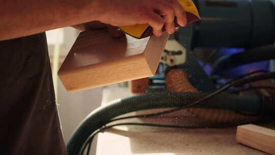木工专家使用砂纸对木材进行手动打磨特写
