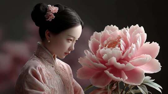 国风女子凝视牡丹花唯美古典意境