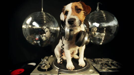 狗狗站在唱片机上