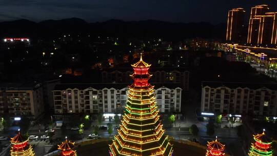 城市航拍 贵州 侗族 鼓楼 夜景