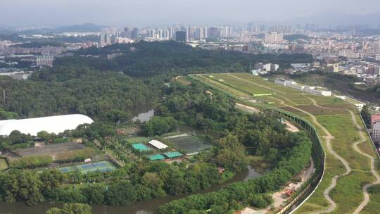 航拍深圳龙华区观澜河流及城区绿化