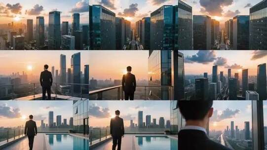高端房地产广告，商务人士远眺城市天际线高清在线视频素材下载