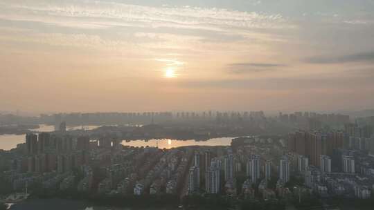 鄂州日出航拍城市日出景观城市清晨朝阳晨曦