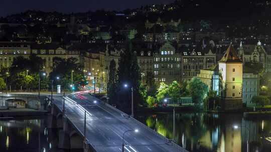 布拉格，夜灯，城市，桥