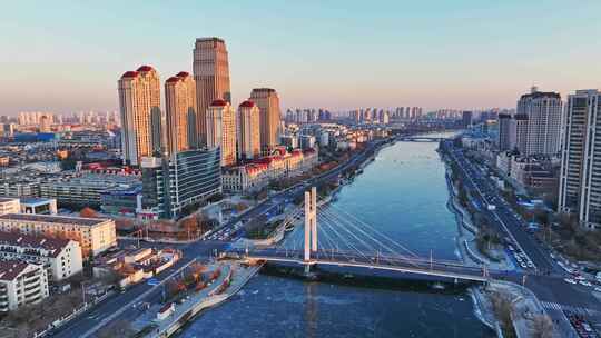 航拍冬季天津海河城市风光