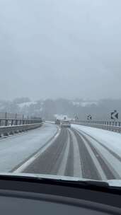 竖屏-第一视角驾车行驶在冰雪覆盖的桥梁上