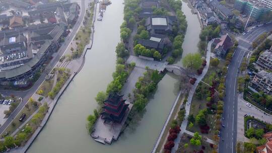 4k 航拍江苏淮安中洲岛中式园林城市景观