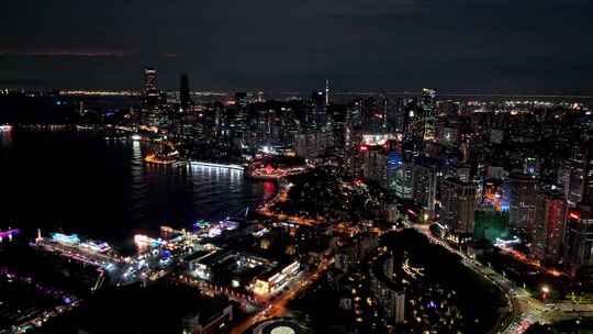 中国山东青岛城市夜景灯光秀航拍鸟瞰