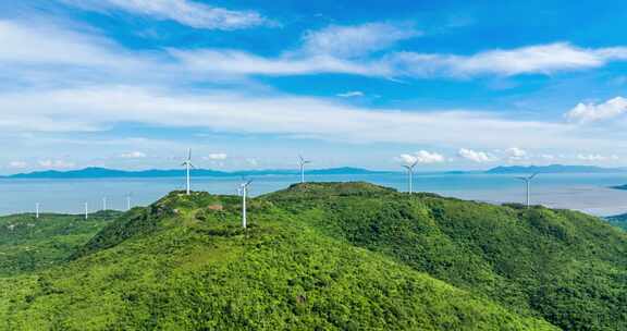 广东海岛风车山风力发电清洁能源航拍延时