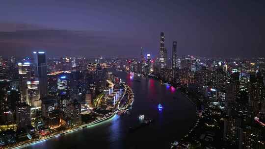 航拍上海外滩黄浦江陆家嘴城市夜景