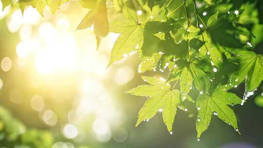 阳光下带水珠的绿色树叶
