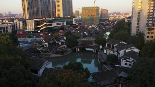 杭州市拱墅区胜利河美食街夜景航拍