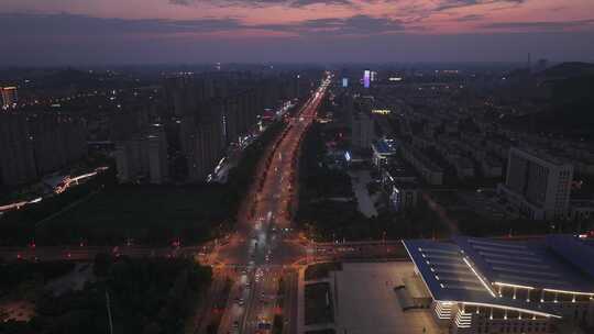 航拍枣庄新城夜景光明路