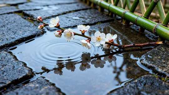 地面水洼中的梅花枝