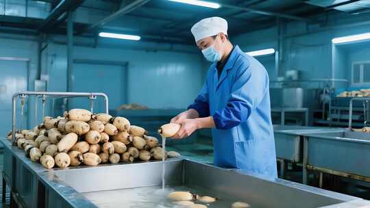 工厂莲藕片流水线生产画面