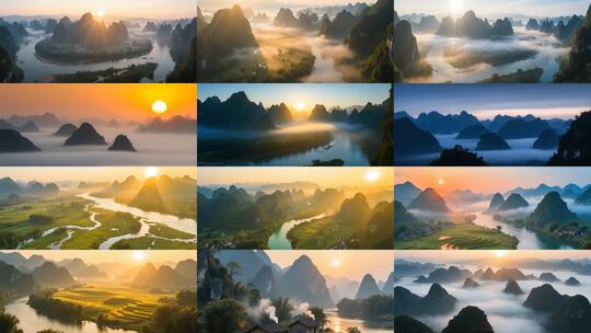 航拍桂林山水日出阳朔漓江梯田喀斯特地貌高清在线视频素材下载