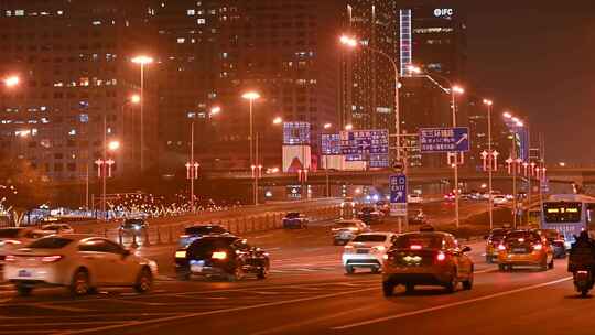 北京CBD城市夜景国贸桥节日夜景车流