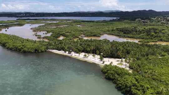 航拍大海森林海滩沙滩树林度假村度假酒店