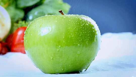 带水珠的青苹果特写