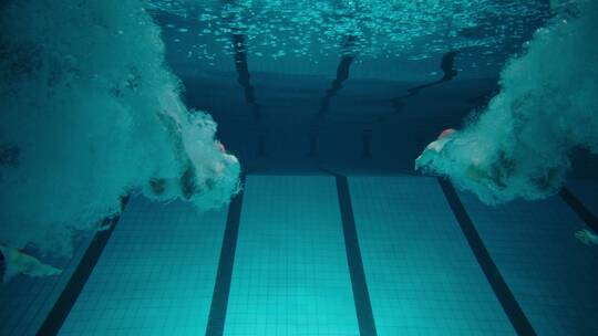 运动员进行花样游泳练习的慢动作镜头