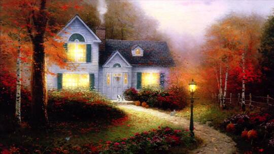 唯美红色大自然森林中的小房子