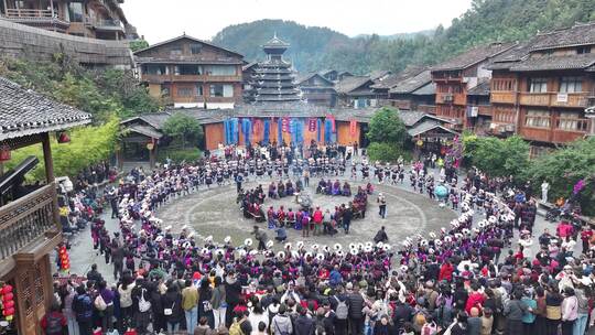 贵州肇兴侗寨侗年侗族祭萨大典仪式航拍