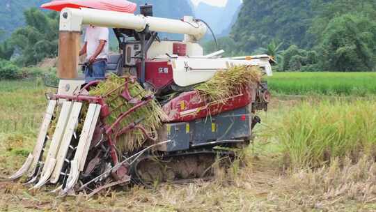 田园风光中使用收割机收割水稻的景象