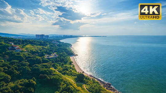 蓝天白云海岸线三亚海南海边沙滩浪花